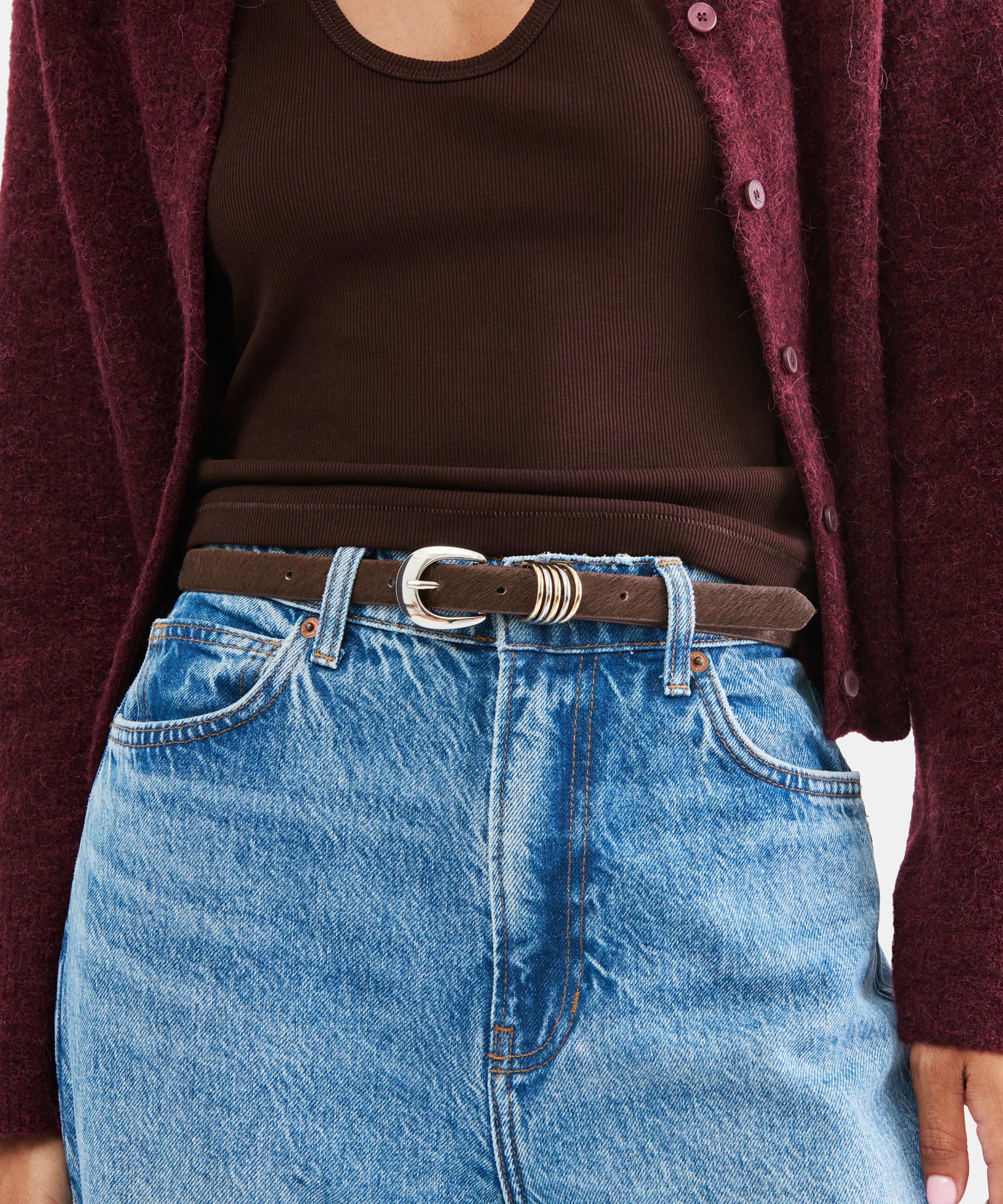 CRESCENT BUCKLE MIXED METAL BELT CHESTNUT CALF HAIR